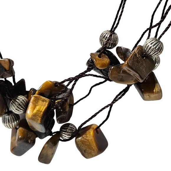 Boho Tigers Eye Silver Tone Beaded Multi Strand Necklace Courage Strength Women - Picture 3 of 7